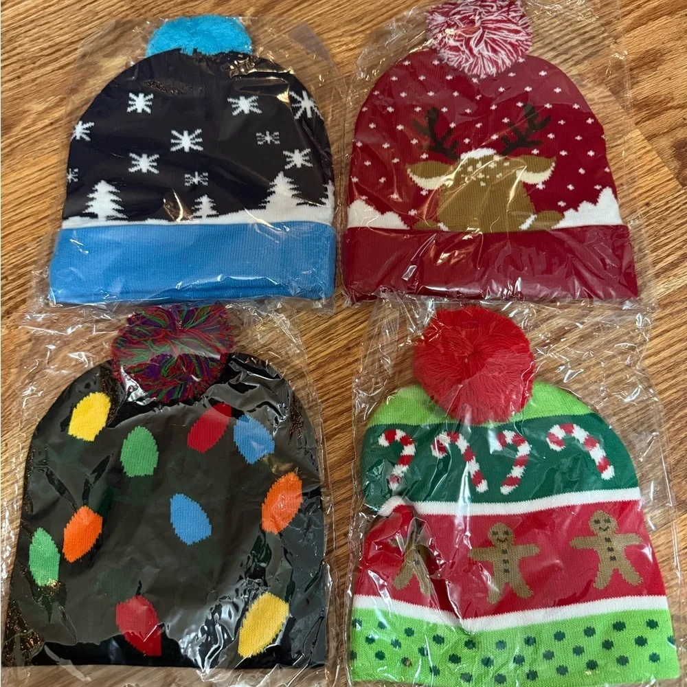 🆕 4 Pack Christmas Hats LED Light Up Beanies
